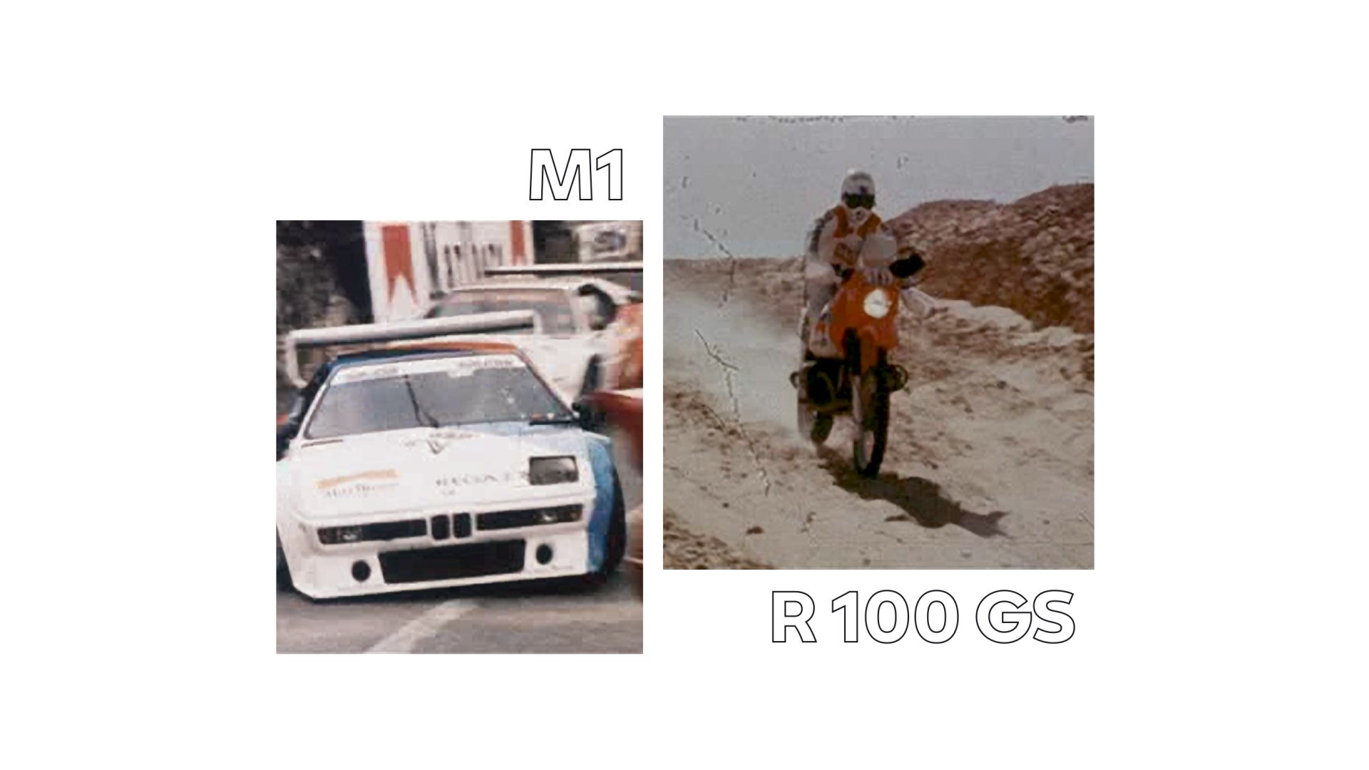 Balra a BMW M1-ről egy történelmi felvétel, jobbra pedig a legendás Rallye Paris Dakar motor látható.