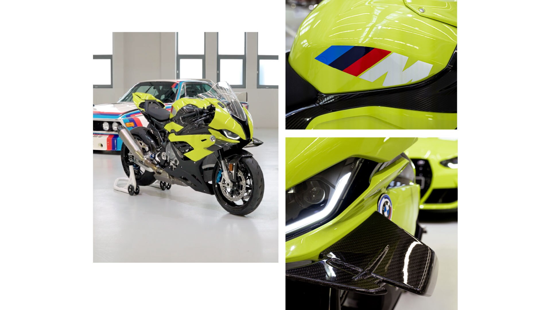 Az M RR 50 Years M elölnézetből. Egyértelműen felismerhetők: a belső szárnyak. A BMW M logó három ikonikus színnel (kék, sötét kék és piros), amelyek dinamikusan, átlósan támaszkodnak a fehér M betűn