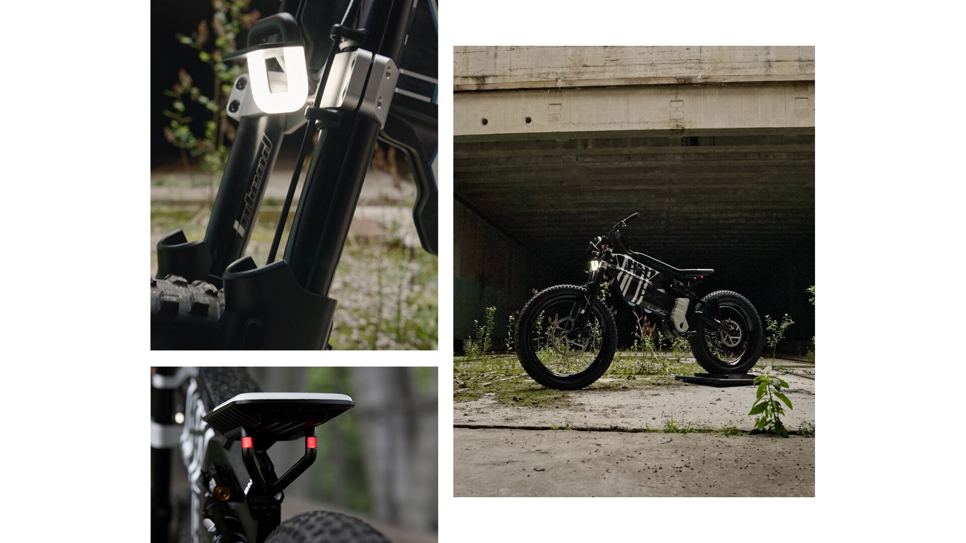 A BMW Motorrad Vision AMBY rendkívüli kinézetével és masszív bordázott kerekeivel egy elhagyott gyárterületen áll.