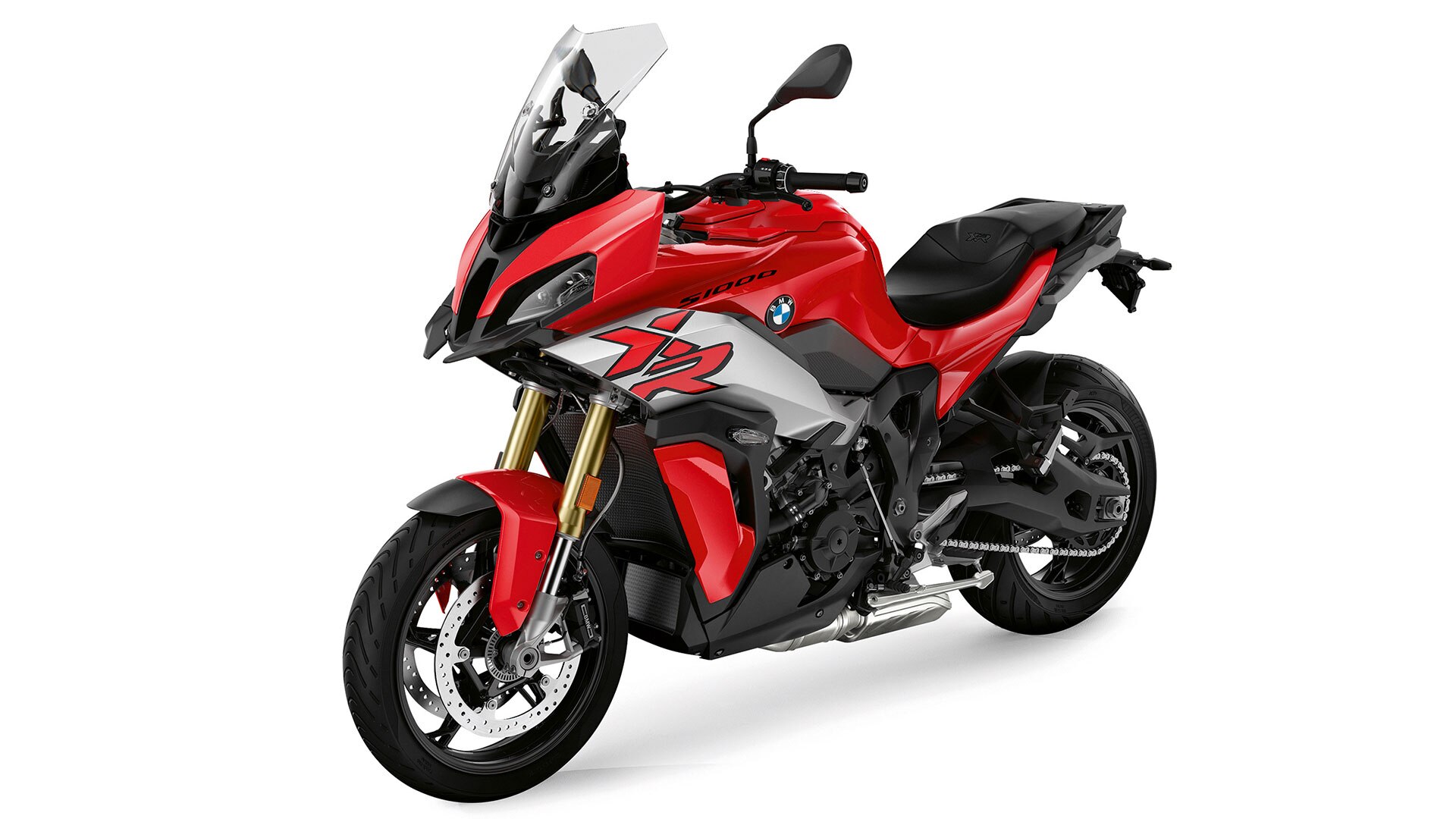 Az S 1000 XR-t látjuk háromnegyed elölnézetben.