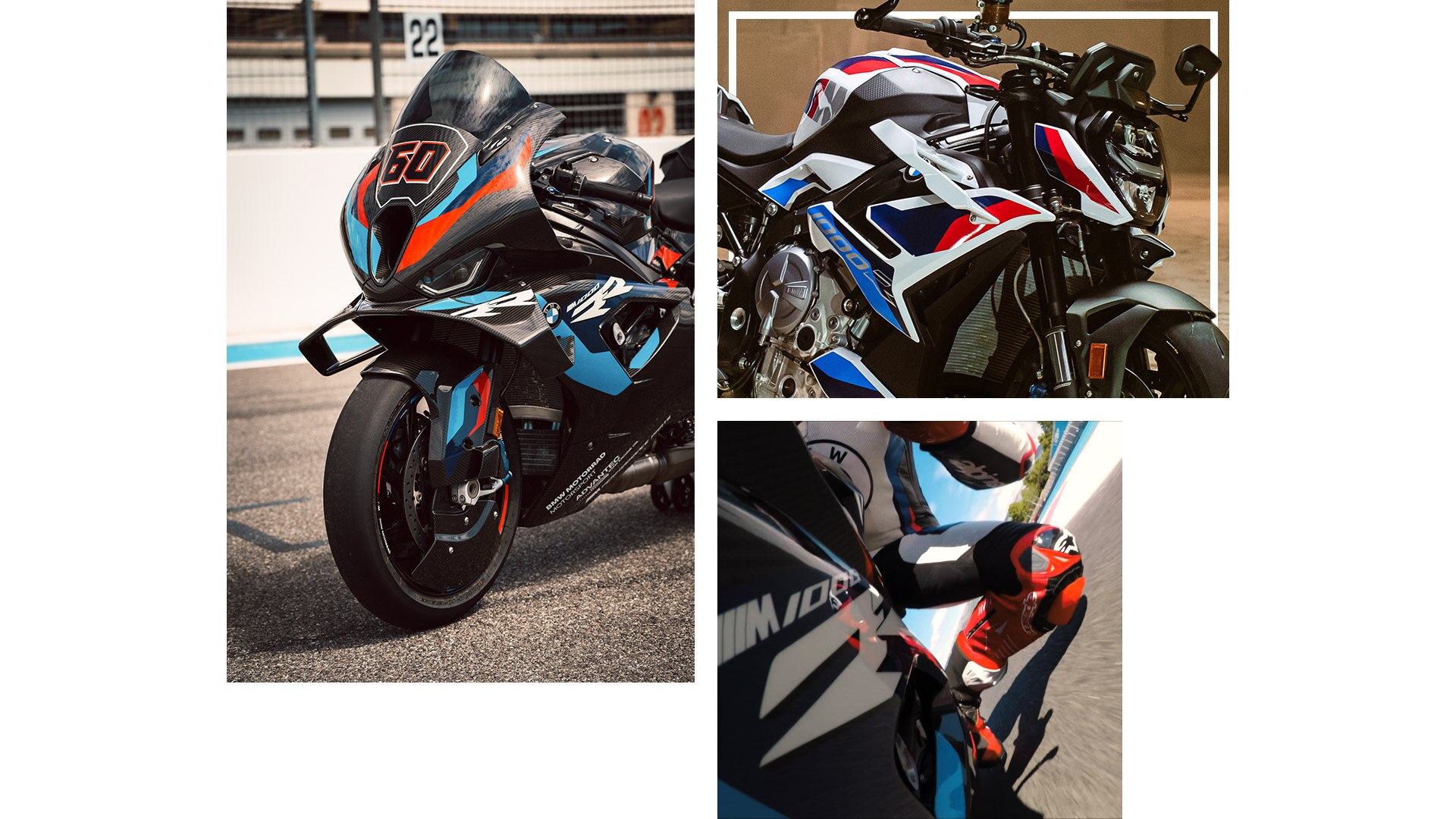 Az M 1000 RR és az M 1000 R menet közbeni felvételeiből álló kollázs.