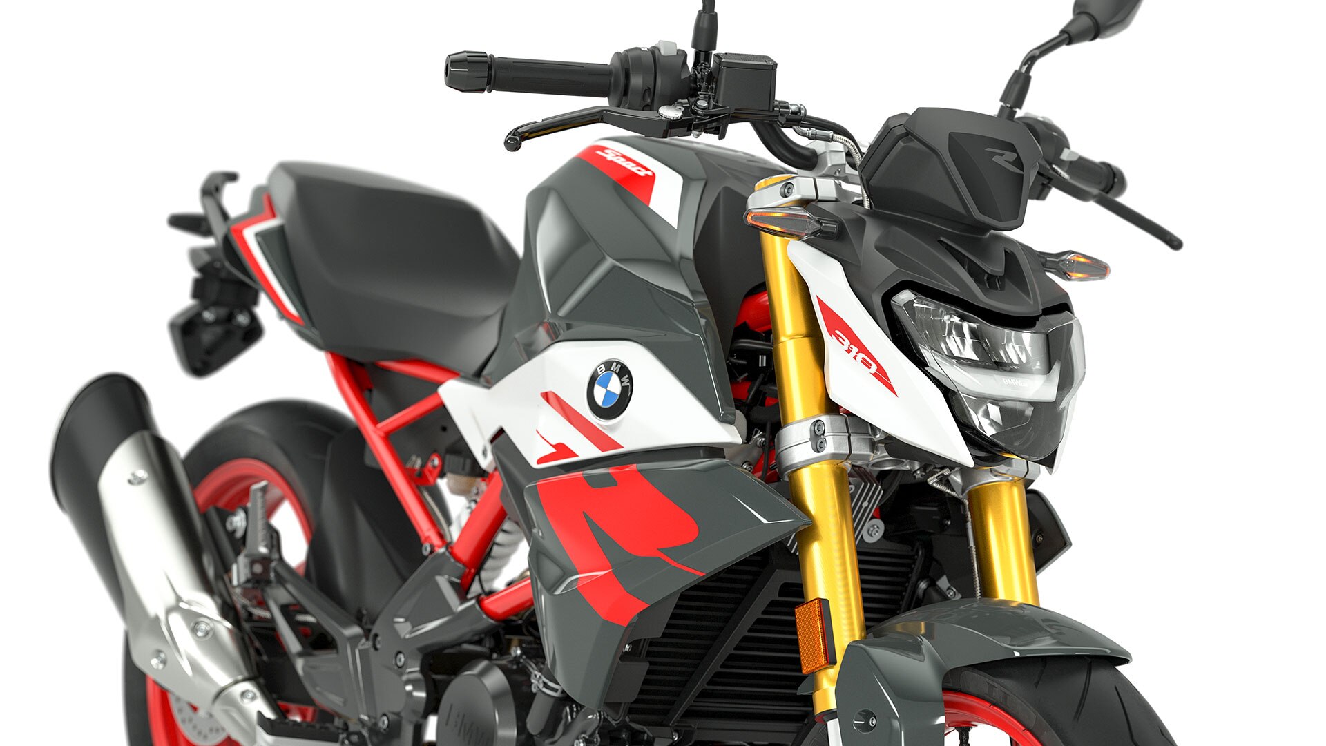 A G 310 R szériafelszereltségéhez tartozó LED-fényszórókat és irányjelzőket látjuk.