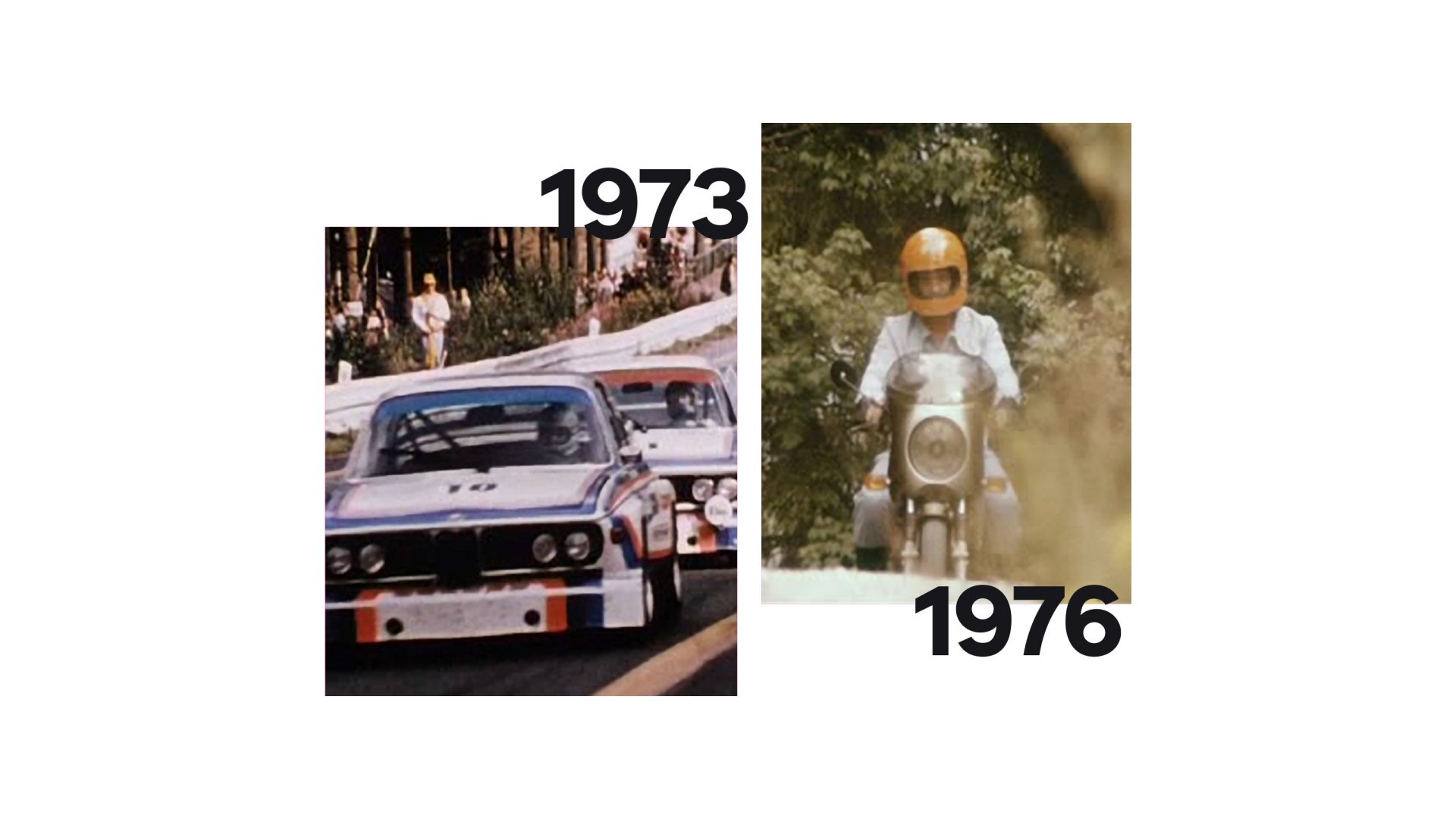 A bal oldalon a BMW 3.0 CSL-ről készült történelmi felvétel, a jobb oldalon Helmut Dähne BMW R 90 S modellje látható.