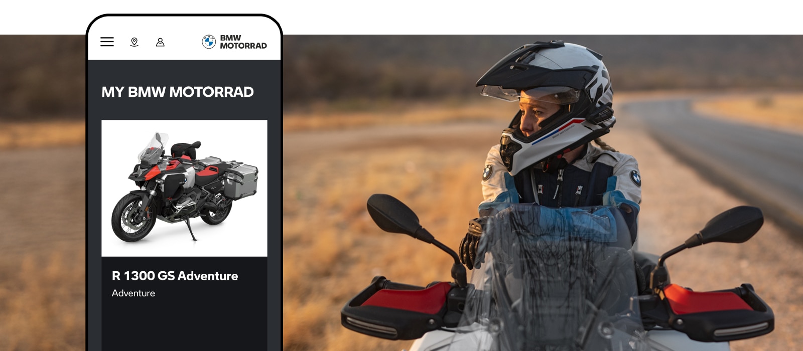 Női vezető egy BMW motoron. Balra egy Mobile Mockup a BMW Motorrad CarData-tól