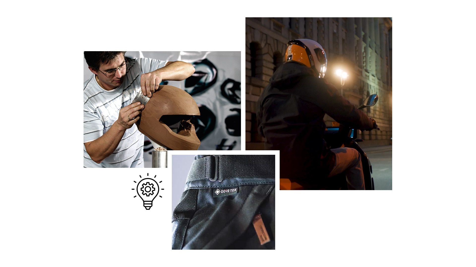 A BMW Motorrad olyan innovációit ábrázoló kollázs, mint a Tokyo Connect GTX dzseki